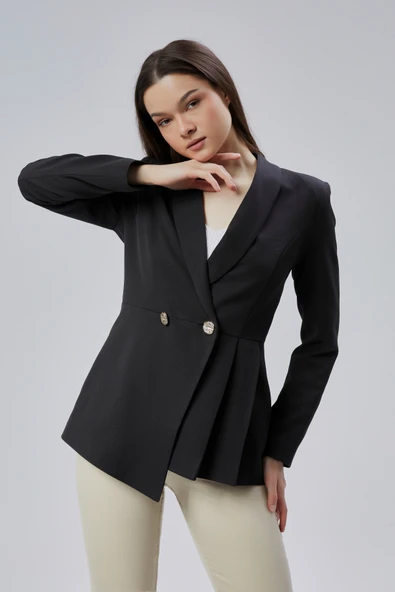 Siyah Regular Fit Pile Detaylı Blazer Ceket
