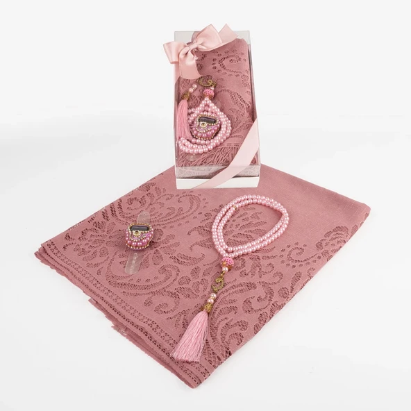 Tesbih + Dantelli Şal + Zikirmatik Hediye Seti (Kraft Asetat Kutulu, Pembe) - 2