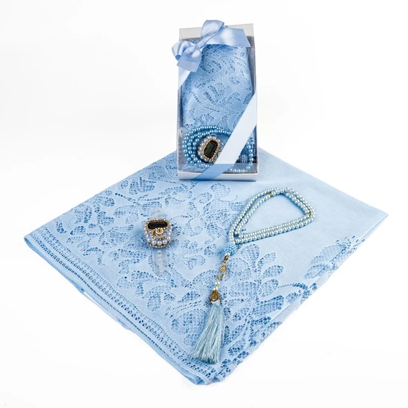 Tesbih + Dantelli Şal + Zikirmatik Hediye Seti (Kraft Asetat Kutulu, Mavi) - 2