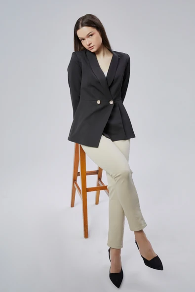 Siyah Regular Fit Pile Detaylı Blazer Ceket - 9