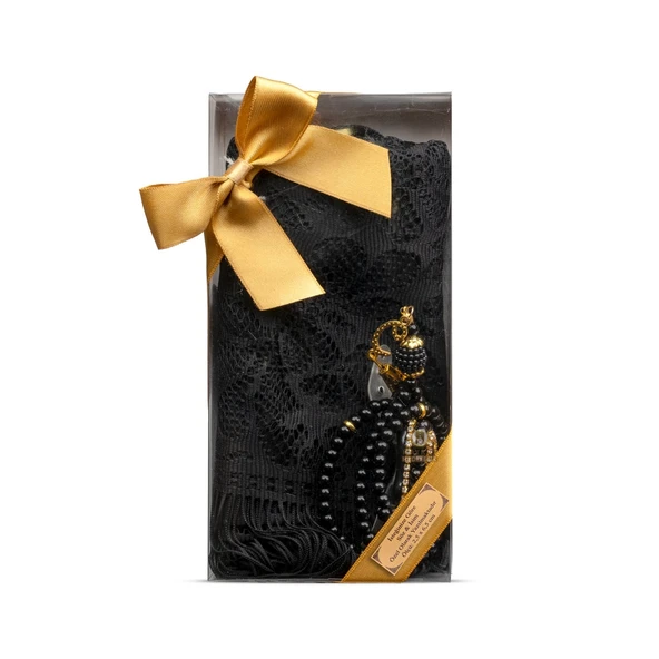Tesbih + Dantelli Şal + Zikirmatik Hediye Seti (Kraft Asetat Kutulu, Siyah)