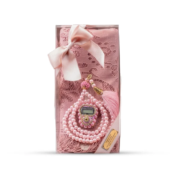 Tesbih + Dantelli Şal + Zikirmatik Hediye Seti (Kraft Asetat Kutulu, Pembe)