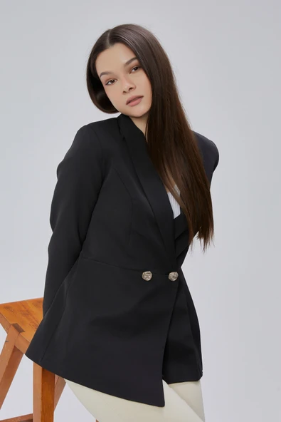 Siyah Regular Fit Pile Detaylı Blazer Ceket - 7