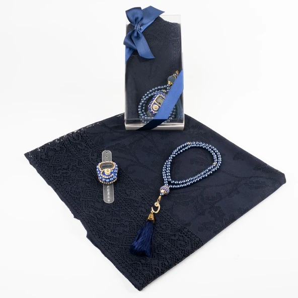 Tesbih + Dantelli Şal + Zikirmatik Hediye Seti (Kraft Asetat Kutulu, Lacivert) - 2