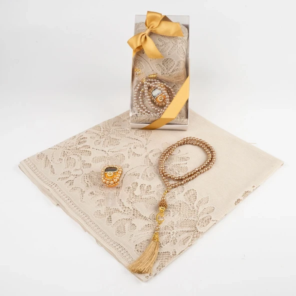 Tesbih + Dantelli Şal + Zikirmatik Hediye Seti (Kraft Asetat Kutulu, Gold) - 2