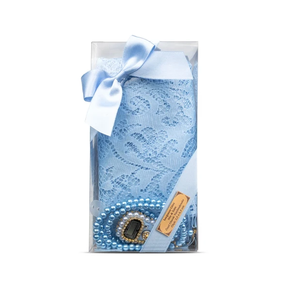 Tesbih + Dantelli Şal + Zikirmatik Hediye Seti (Kraft Asetat Kutulu, Mavi)