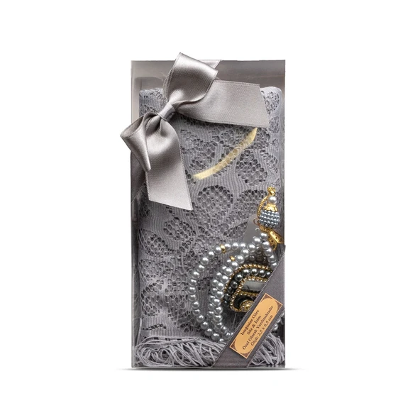 Tesbih + Dantelli Şal + Zikirmatik Hediye Seti (Kraft Asetat Kutulu, Gri)