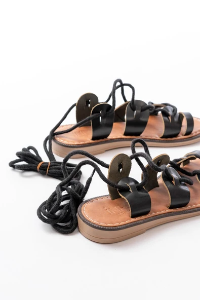 Siyah Bilekten Bağlamalı Ortopedik Hakiki Deri Kadın Sandalet - Resim 4