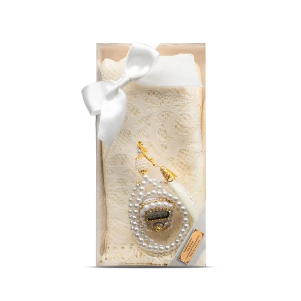 Tesbih + Dantelli Şal + Zikirmatik Hediye Seti (Kraft Asetat Kutulu, Krem)