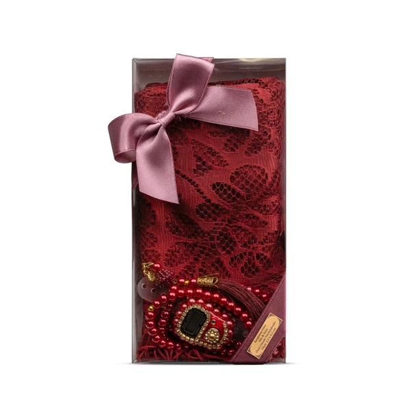 Tesbih + Dantelli Şal + Zikirmatik Hediye Seti (Kraft Asetat Kutulu, Bordo)