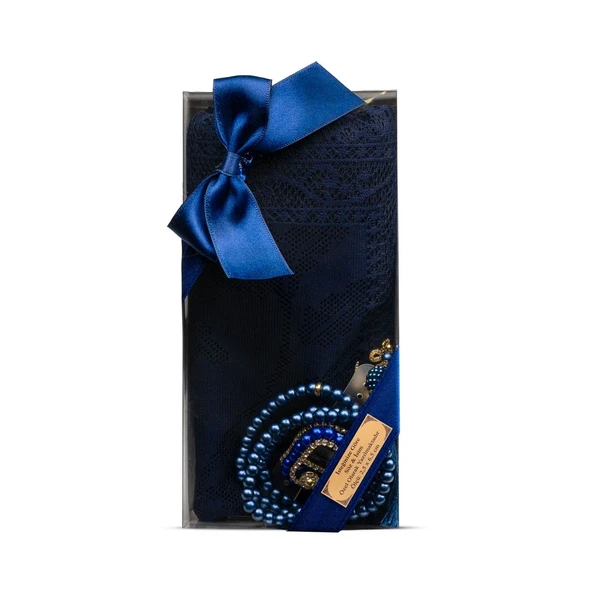 Tesbih + Dantelli Şal + Zikirmatik Hediye Seti (Kraft Asetat Kutulu, Lacivert)