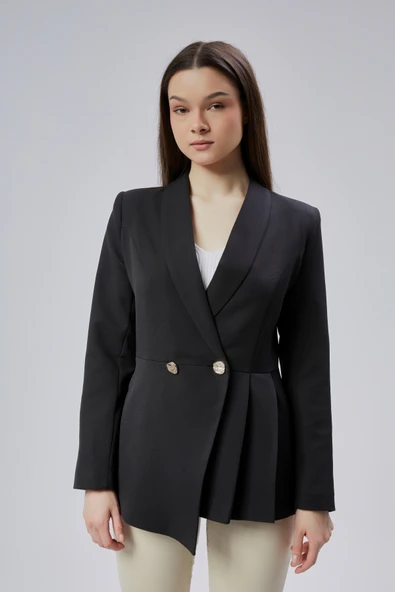 Siyah Regular Fit Pile Detaylı Blazer Ceket - 3
