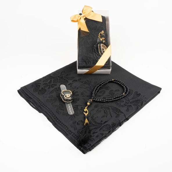 Tesbih + Dantelli Şal + Zikirmatik Hediye Seti (Kraft Asetat Kutulu, Siyah) - 2