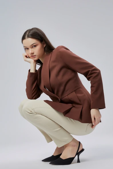 Kahverengi Regular Fit Pile Detaylı Blazer Ceket - 8