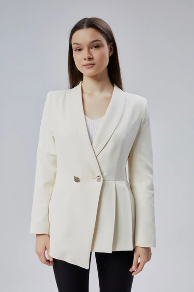 Ekru Regular Fit Pile Detaylı Blazer Ceket - 3
