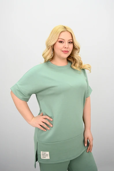 Kadın Büyük Beden Modal Kumaş Kısa Kollu Bol Paça Eşofman Takımı 8184-25