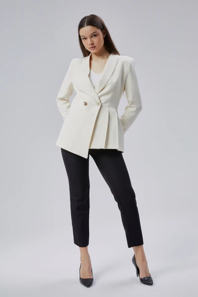 Ekru Regular Fit Pile Detaylı Blazer Ceket - 9