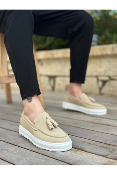 BA0154  Bağcıksız Yüksek Taban Keten Krem Renk Püsküllü Erkek Ayakkabı - 2