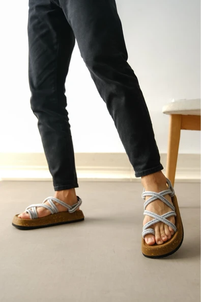 BA0343 Erkek Bodrum İp Halat Gri Günlük Sandalet