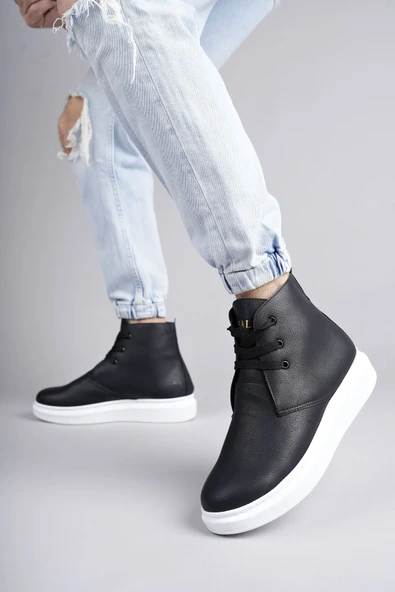 SLW207 Oslo Bağcıklı Cilt Erkek Günlük Spor Bot BT Siyah - Resim 2