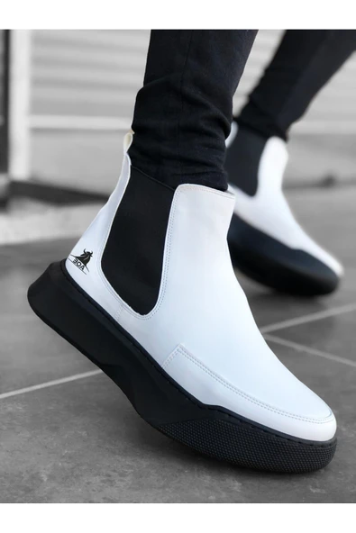 BA0150 Bağcıksız Bantlı Erkek Yüksek Taban Beyaz Siyah Taban Spor Bot ürün görseli 1