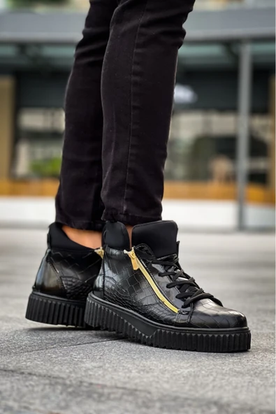 SNR-512 BOA Kalın Yüksek Siyah Taban Çift Fermuarlı Siyah Erkek Spor Bot ürün görseli 1