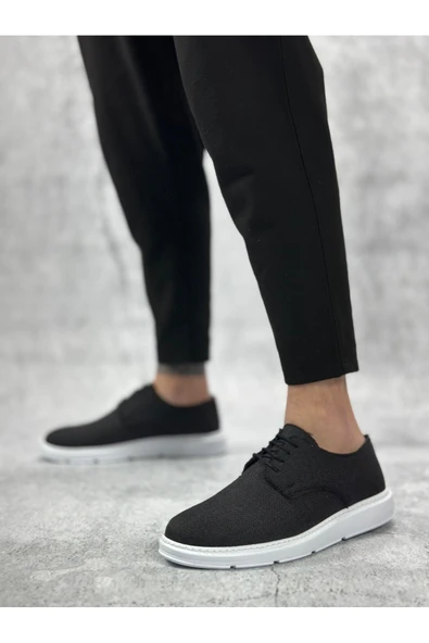 Erkek AyakkabıBA0003 Bağcıklı Klasik Spor Keten Siyah Beyaz Taban Casual Erkek Ayakkabı