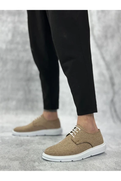 Erkek AyakkabıBA0003 Bağcıklı Klasik Spor Keten Hardal Beyaz Taban Casual Erkek Ayakkabı