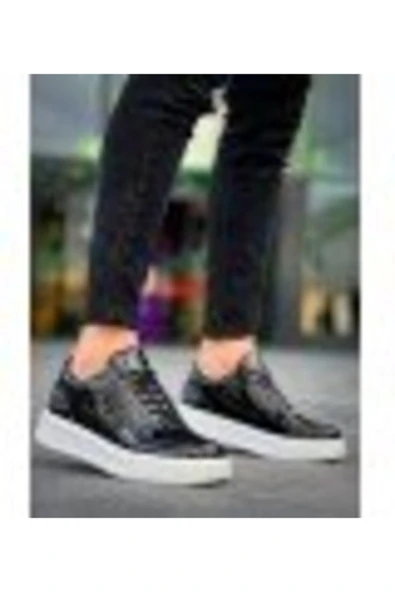 Erkek AyakkabıKB-X8 Kuback Siyah Rugan Detaylı Beyaz Yüksek Taban Günlük Spor Ayakkabı - Resim 4