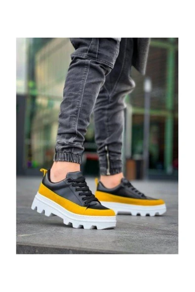 Erkek AyakkabıKB-056 Kuback Siyah Sarı Detaylı Beyaz Yüksek Taban Günlük Spor Ayakkabı - Resim 3