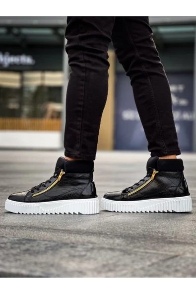 SNR-512 BOA Kalın Yüksek Taban Çift Fermuarlı Siyah Erkek Spor Bot - Resim 4