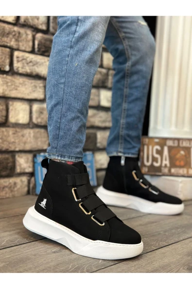 BA0142 Bantlı Erkek Yüksek Taban Siyah Spor Bot - Resim 2
