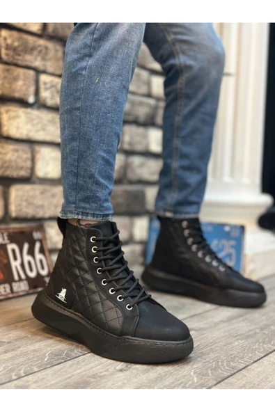 BA0159 Bağcıklı Siyah Kapitone Erkek Yüksek Taban Spor Bot - Resim 2