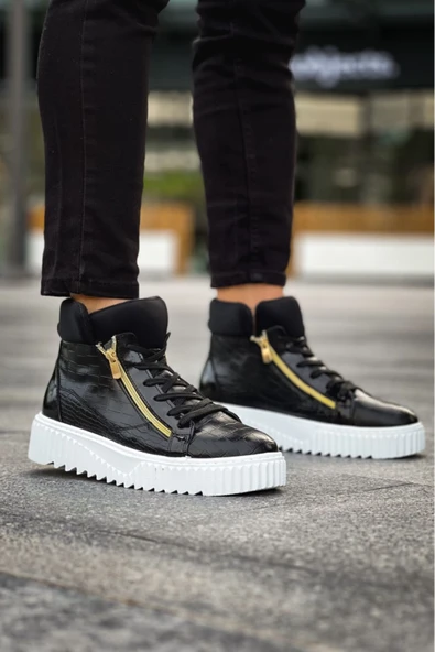 SNR-512 BOA Kalın Yüksek Taban Çift Fermuarlı Siyah Erkek Spor Bot - Resim 7