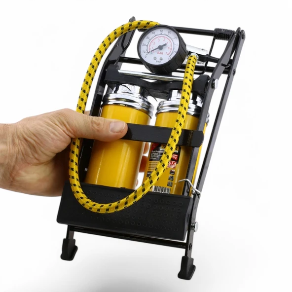 Ayak Tipi Kalın Pistonlu Hava Pompası Göstergeli Çift Hava Depolu Teker Araç Bisiklet Top Pompası - Resim 4