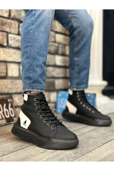 BA0155 Bağcıklı Erkek Yüksek Taban Siyah Beyaz Spor Bot ürün görseli 1