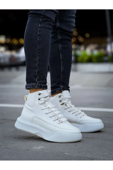BA0321 Gizli Bağcıklı Erkek Yüksek Taban Beyaz Spor Bot - Resim 6