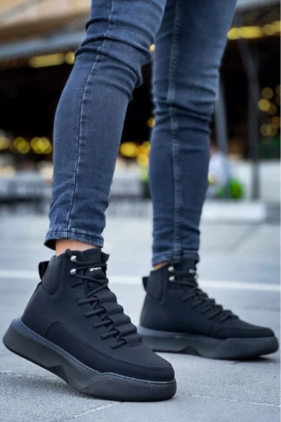 BA0321 Gizli Bağcıklı Erkek Yüksek Taban Siyah Spor Bot - Resim 2