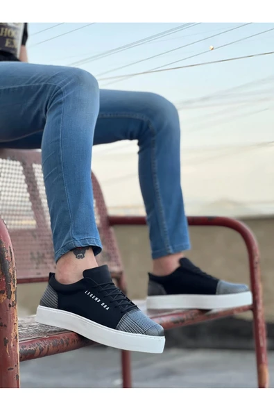 Ba0104 Bağcıklı Siyah Ekose Süet Beyaz Taban Spor Klasik Erkek Ayakkabı ürün görseli 1