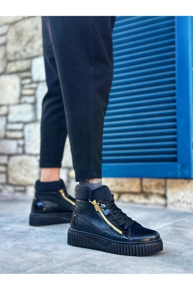 SNR-512 BOA Kalın Yüksek Siyah Taban Çift Fermuarlı Siyah Erkek Spor Bot - Resim 2