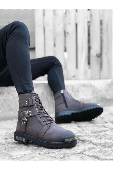 BA0080 Gladyatör Fermuarlı Tokalı Kahverengi Erkek Klasik Spor Klasik Yarım Bilek Bot ürün görseli 1