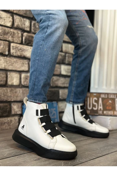 BA0142 Bantlı Erkek Yüksek Taban Beyaz Siyah Spor Bot - Resim 2