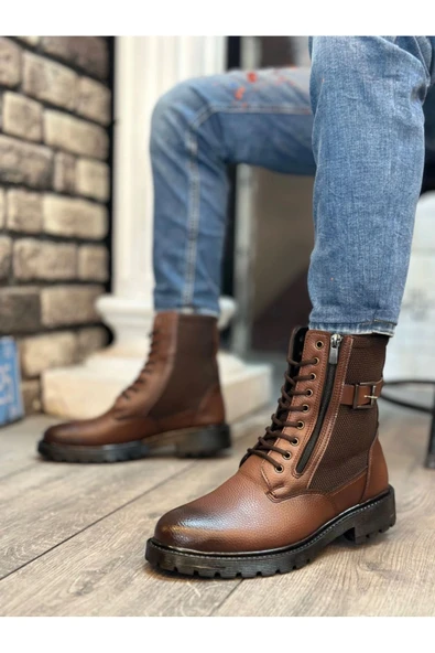 BA0218 Yan Toka Fermuarlı Açık Taba Erkek Spor Klasik Postal Bot - Resim 2