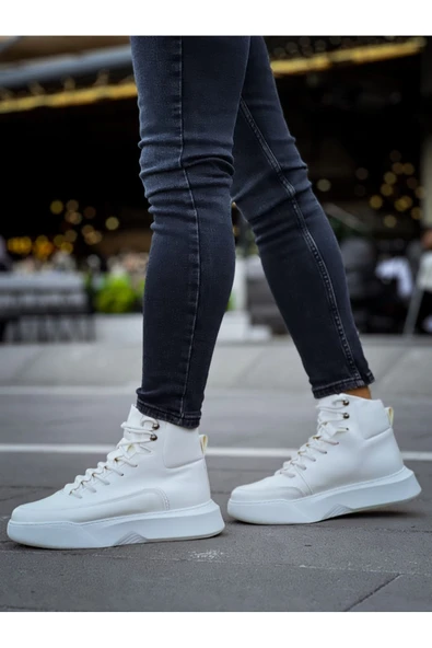 BA0321 Gizli Bağcıklı Erkek Yüksek Taban Beyaz Spor Bot - Resim 7