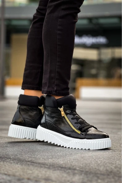 SNR-512 BOA Kalın Yüksek Taban Çift Fermuarlı Siyah Erkek Spor Bot - Resim 5