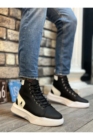 BA0155 Bağcıklı Erkek Yüksek Taban Siyah Beyaz Siyah Taban Spor Bot - 2