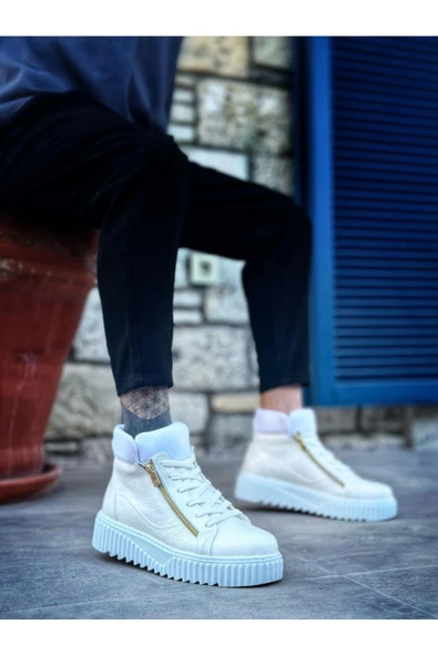 SNR-512 BOA Kalın Yüksek Taban Çift Fermuarlı Beyaz Erkek Spor Bot ürün görseli