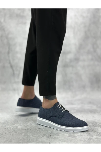 Erkek AyakkabıBA0003 Bağcıklı Klasik Spor Keten Lacivert  Beyaz Taban Casual Erkek Ayakkabı - Resim 2