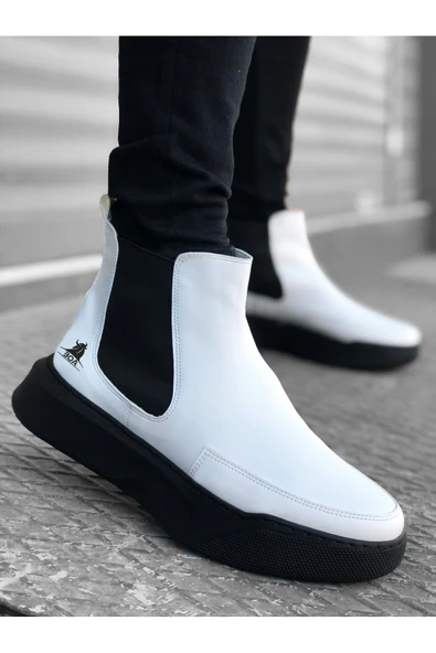 BA0150 Bağcıksız Bantlı Erkek Yüksek Taban Beyaz Siyah Taban Spor Bot - Resim 2
