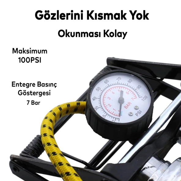 Ayak Tipi Kalın Pistonlu Hava Pompası Göstergeli Çift Hava Depolu Teker Araç Bisiklet Top Pompası - Resim 3